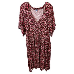 Old Navy XXL‎ Tall Dress Ditzy Floral Short Sleeve Midi Brown Pink Boho 1529